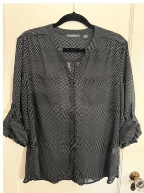 Blouse, black and white polka dots, sheer, button-up, Size XL